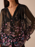 SHEIN Lilora Women Floral Print Pleated Mesh Lantern Sleeve Single-Breasted Sexy See-Through Blouse Black Sheer Top Floral Blouse Flower Blouses