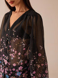 SHEIN Lilora Women Floral Print Pleated Mesh Lantern Sleeve Single-Breasted Sexy See-Through Blouse Black Sheer Top Floral Blouse Flower Blouses