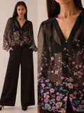 SHEIN Lilora Women Floral Print Pleated Mesh Lantern Sleeve Single-Breasted Sexy See-Through Blouse Black Sheer Top Floral Blouse Flower Blouses