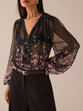 SHEIN Lilora Women Floral Print Pleated Mesh Lantern Sleeve Single-Breasted Sexy See-Through Blouse Black Sheer Top Floral Blouse Flower Blouses