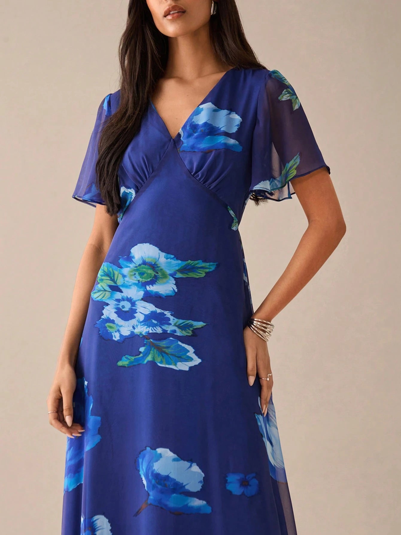 SHEIN Lilora Women's Floral Print V-Neck Elegant Short Sleeve Dress Blue Floral Maxi Dress Blue Maxi Dress Floral Dress
