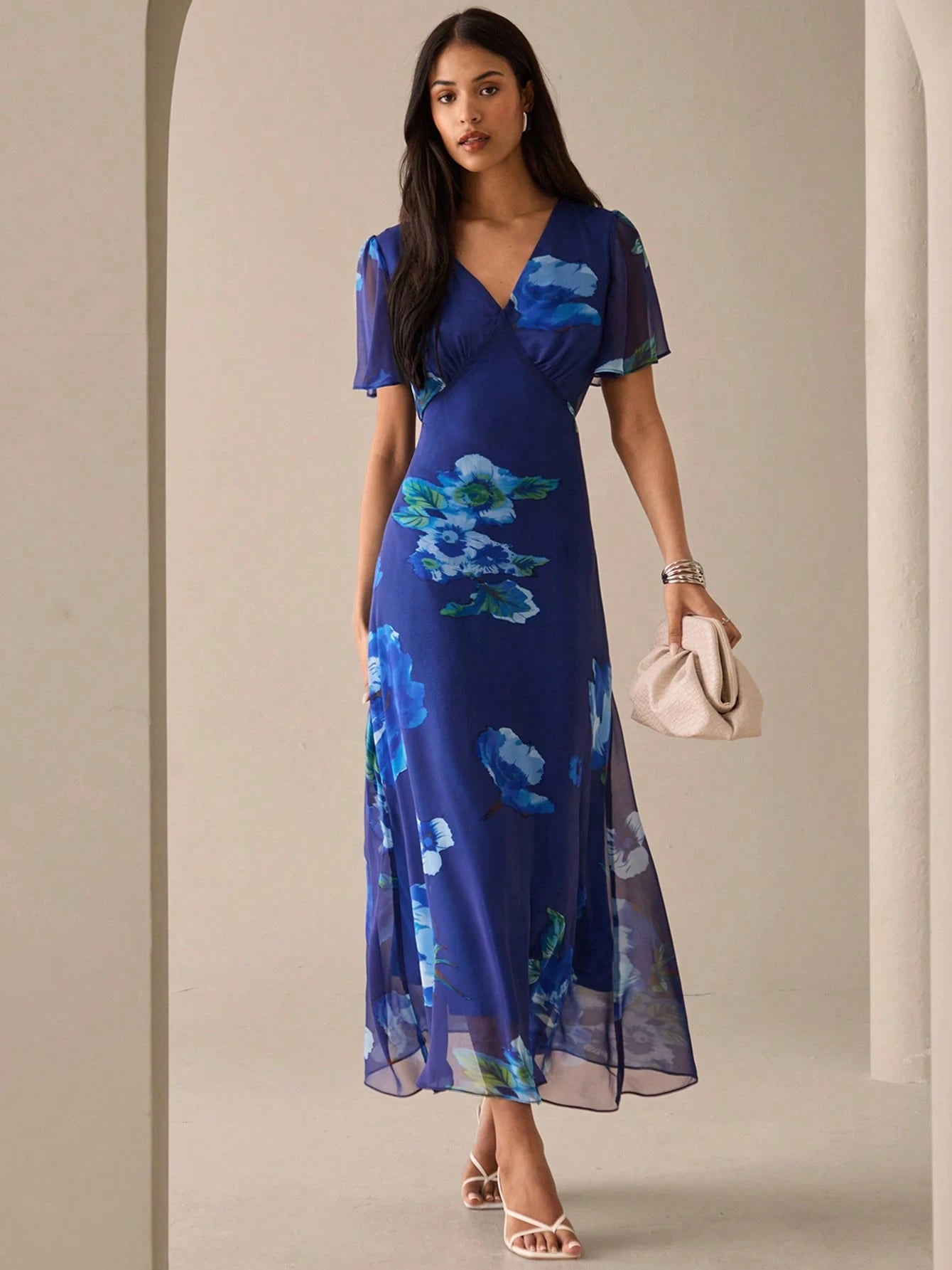 SHEIN Lilora Women's Floral Print V-Neck Elegant Short Sleeve Dress Blue Floral Maxi Dress Blue Maxi Dress Floral Dress
