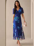 SHEIN Lilora Women's Floral Print V-Neck Elegant Short Sleeve Dress Blue Floral Maxi Dress Blue Maxi Dress Floral Dress