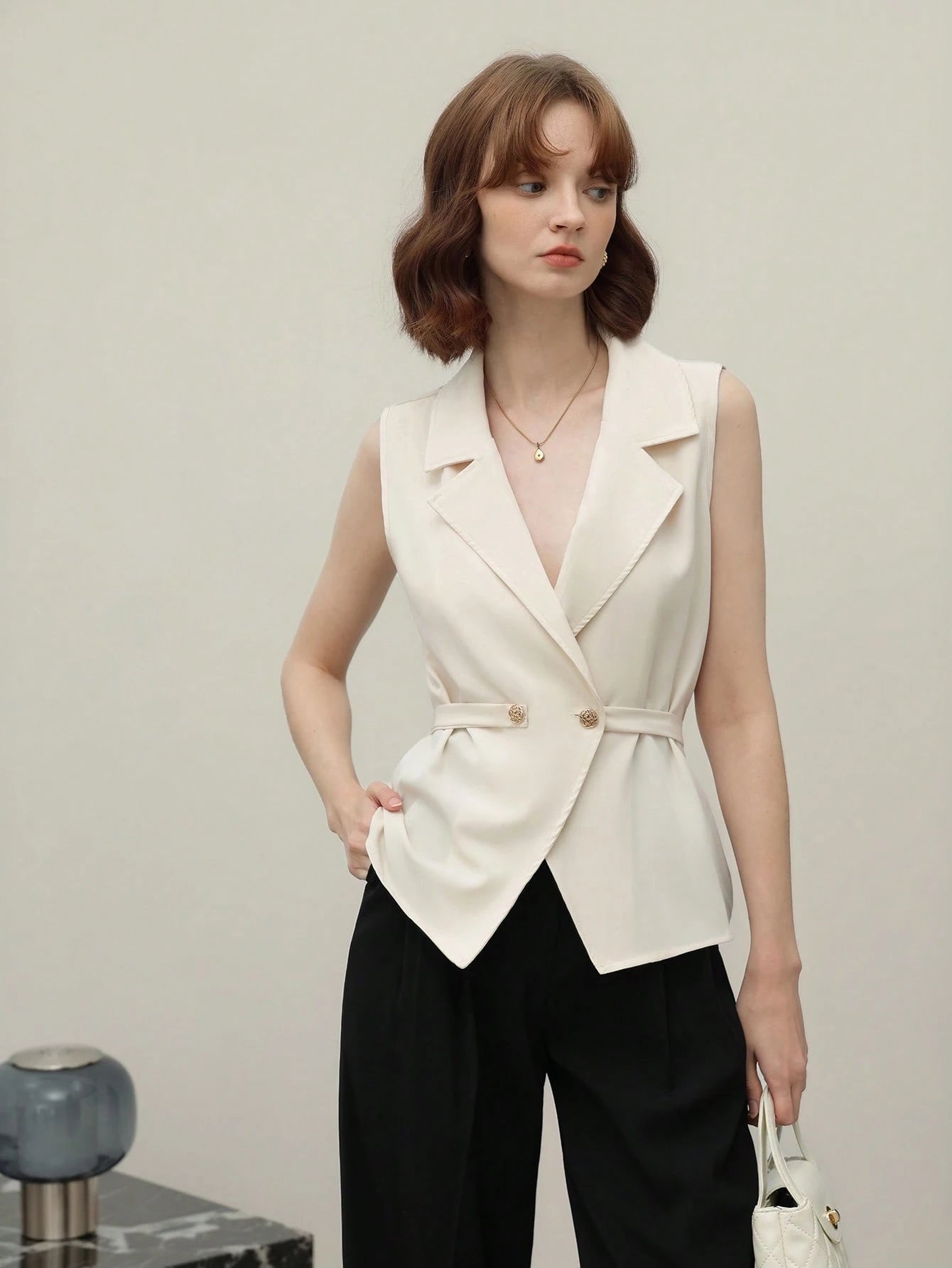  | SHEIN Lunelith SHEIN Lunessa Solid Color Pleated Metal Button Sleeveless Blouse For Women, Business/Office Attire | Top | Shein | OneHub