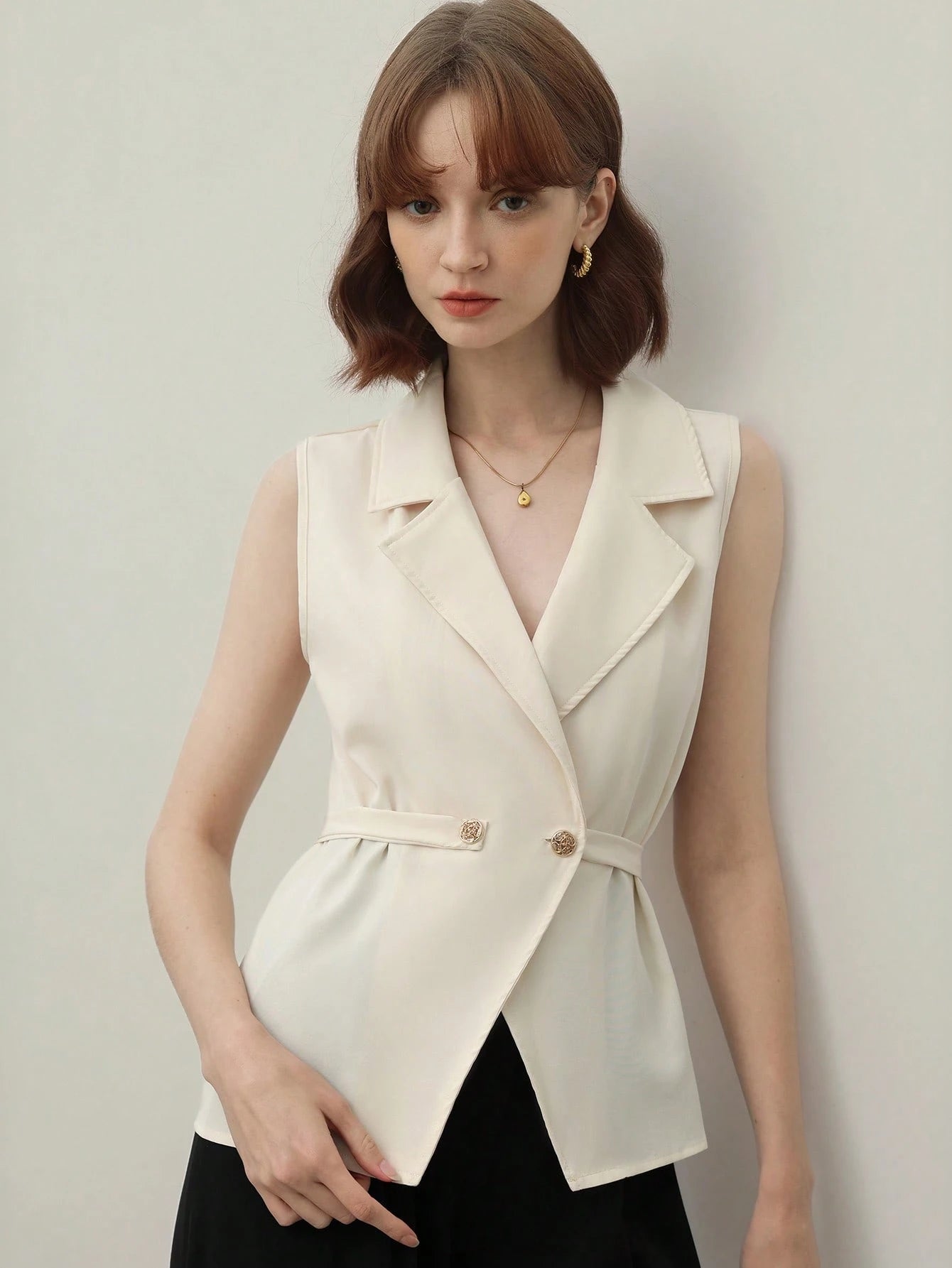  | SHEIN Lunelith SHEIN Lunessa Solid Color Pleated Metal Button Sleeveless Blouse For Women, Business/Office Attire | Top | Shein | OneHub