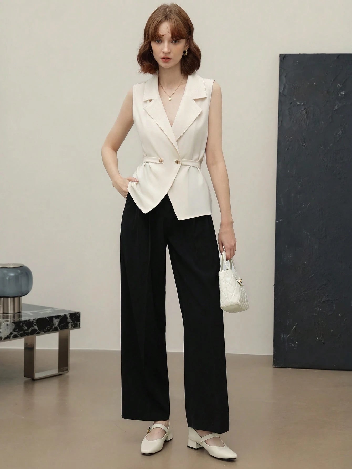  | SHEIN Lunelith SHEIN Lunessa Solid Color Pleated Metal Button Sleeveless Blouse For Women, Business/Office Attire | Top | Shein | OneHub