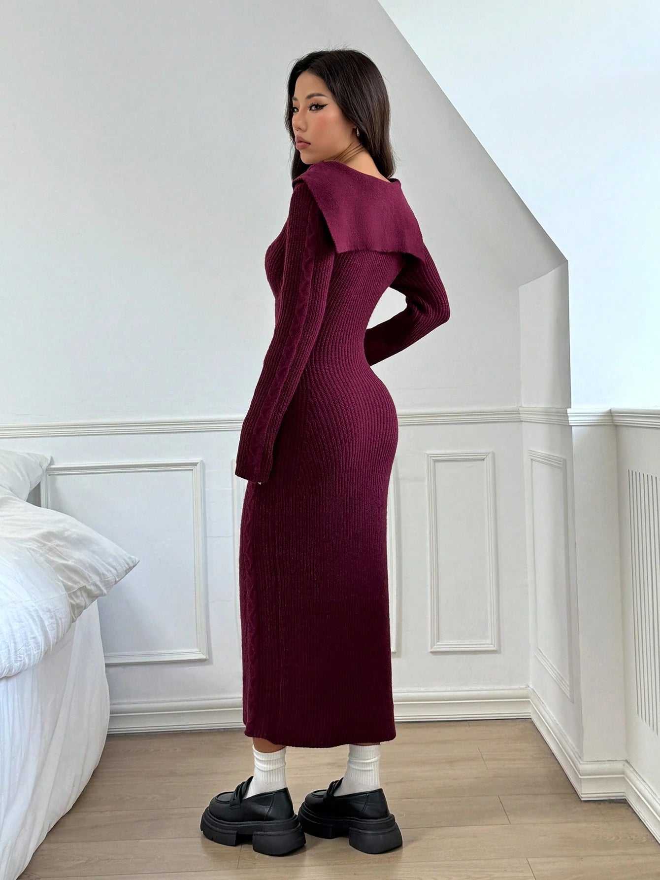 SHEIN Lunessa Women's Slim Fit Navy Collar Twist Knit Maxi Sweater Dre | Dress