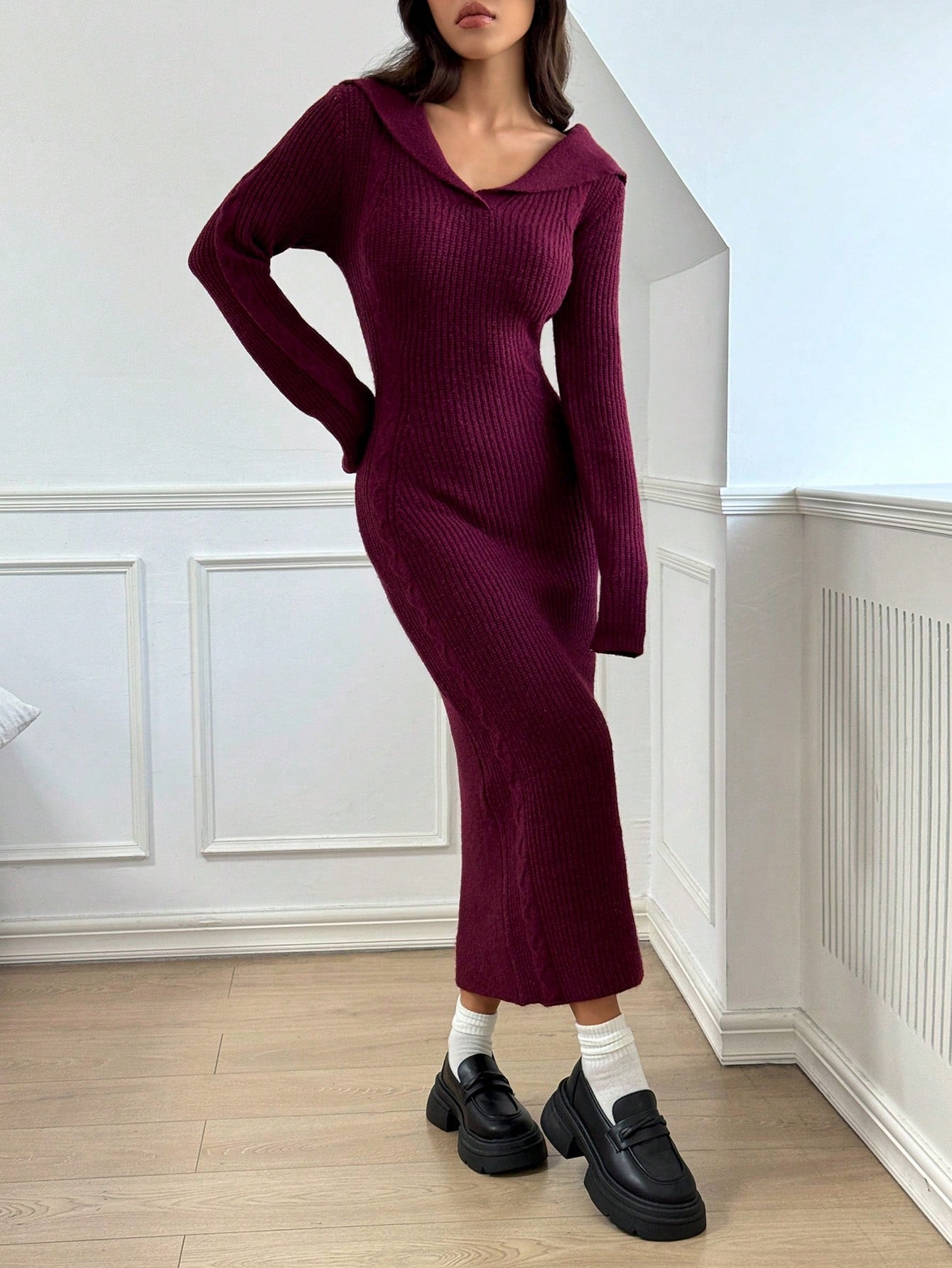 SHEIN Lunessa Women's Slim Fit Navy Collar Twist Knit Maxi Sweater Dress