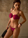 SHEIN MOTF PREMIUM WOMEN'S SOLID COLOR SCALLOPED EDGE SPAGHETTI STRAP BIKINI SET