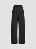 SHEIN Mid-Waist Solid Color Elegant Straight Leg Pants With Belt