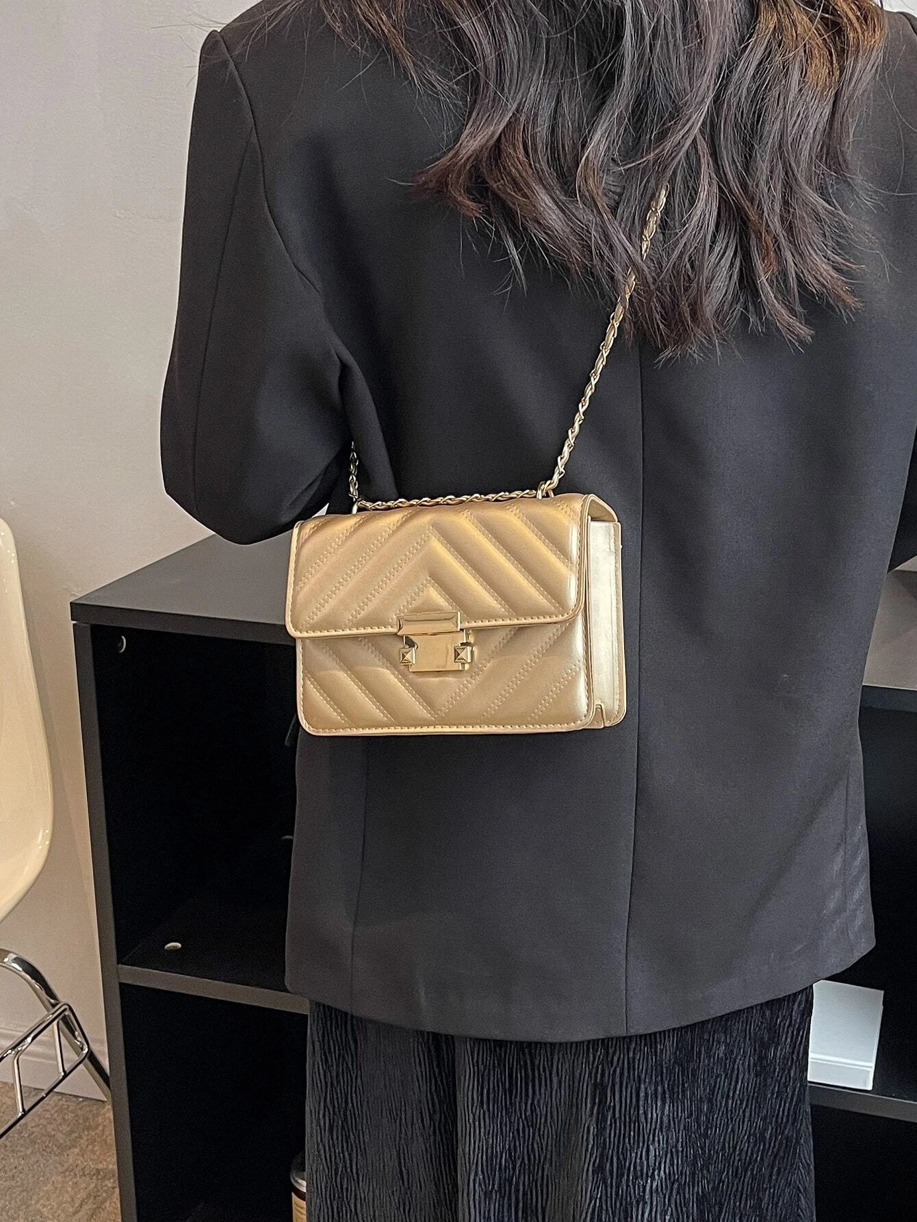  | SHEIN Mini Metallic Quilted Push Lock Flap Chain Square Bag | Bags | Shein | OneHub