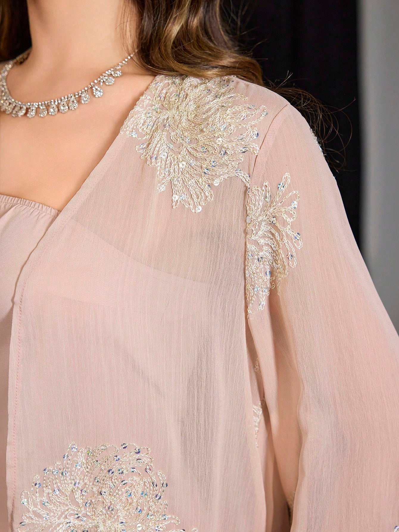  | SHEIN Modelyn 2pcs Embroidered Sequin Solid Elegant Romantic Sheer Sleeve Dress Set | Dress | Shein | OneHub