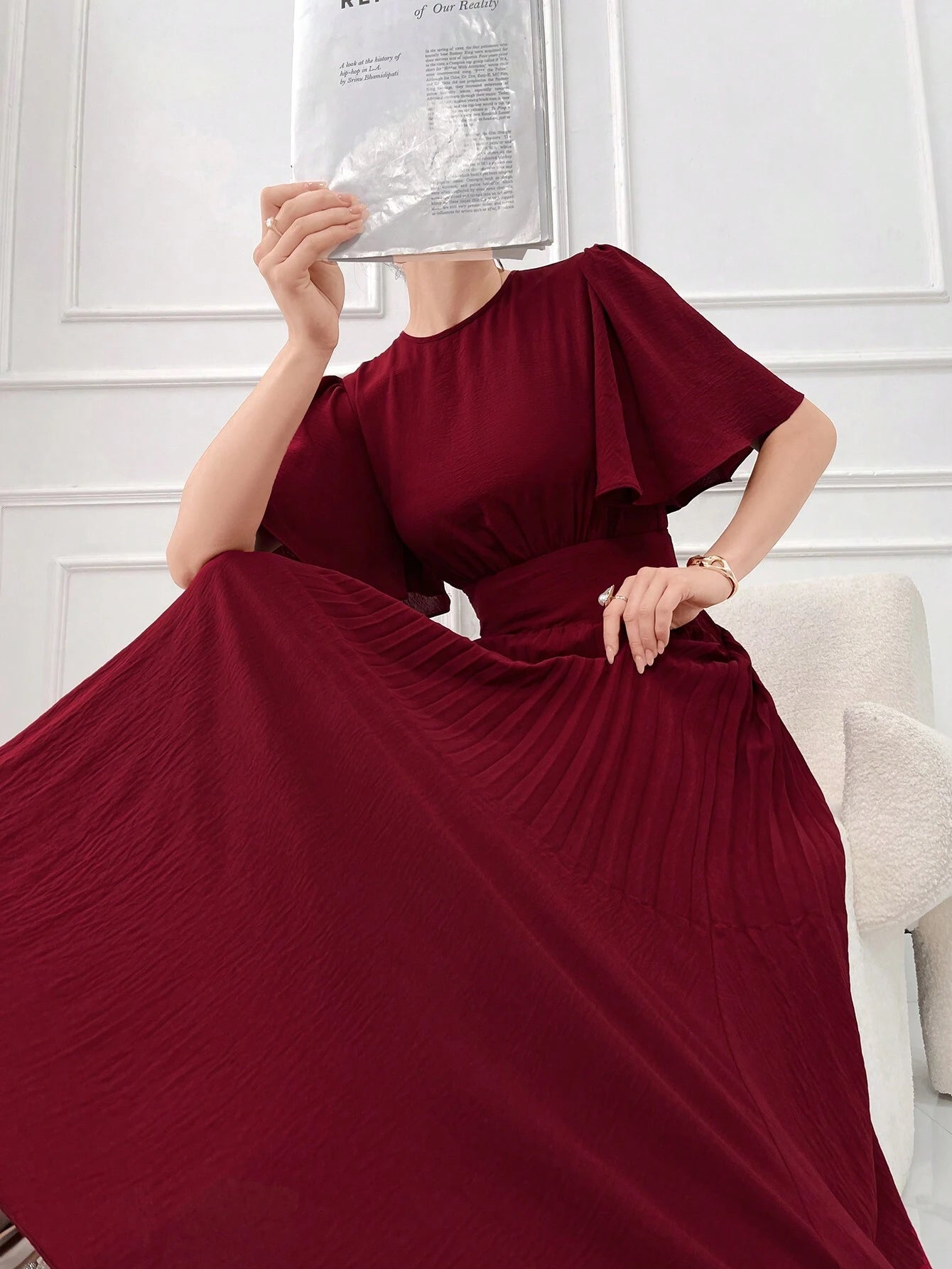 SHEIN Modelyn Burgundy Red Women's Elegant Solid Color Short Sleeve Wa | Dress SHEIN Modelyn Burgundy Red Women's Elegant Solid Color Short Sleeve Wa | Dress