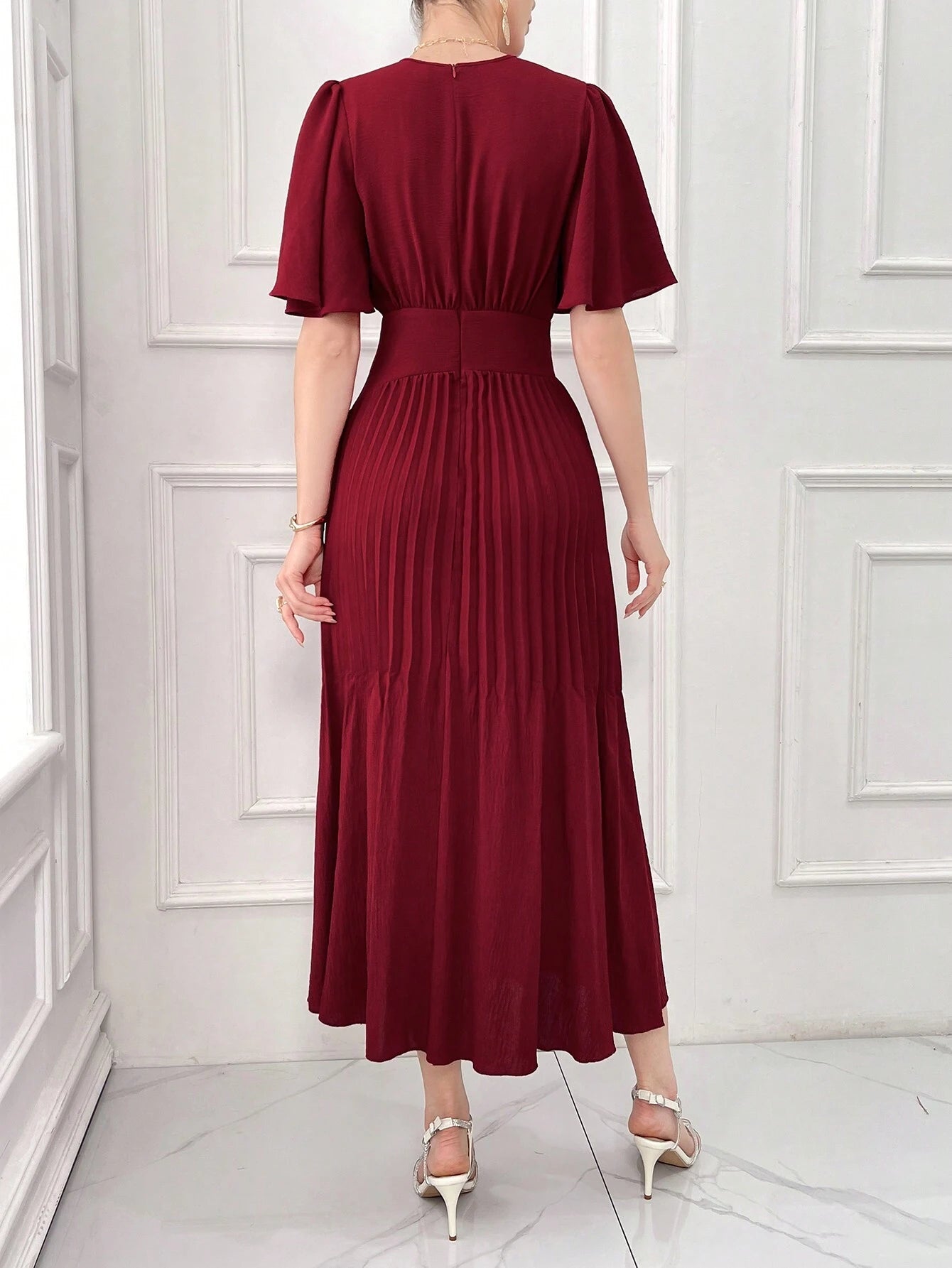 SHEIN Modelyn Burgundy Red Women's Elegant Solid Color Short Sleeve Waisted Pleated Dress For Summer