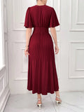 SHEIN Modelyn Burgundy Red Women's Elegant Solid Color Short Sleeve Waisted Pleated Dress For Summer