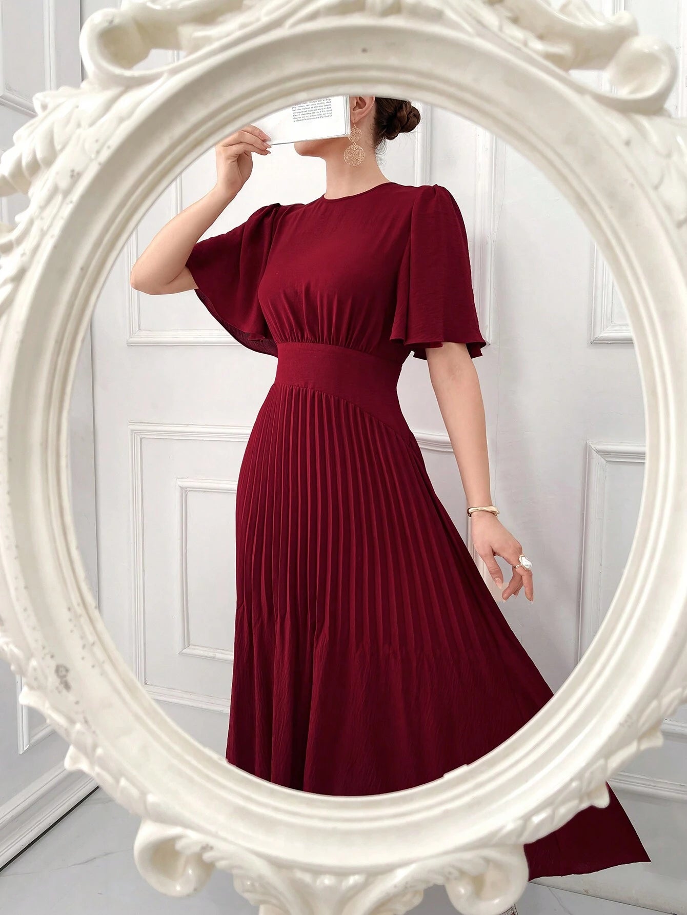 SHEIN Modelyn Burgundy Red Women's Elegant Solid Color Short Sleeve Wa |  Dress