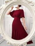 SHEIN Modelyn Burgundy Red Women's Elegant Solid Color Short Sleeve Waisted Pleated Dress For Summer