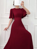 SHEIN Modelyn Burgundy Red Women's Elegant Solid Color Short Sleeve Waisted Pleated Dress For Summer
