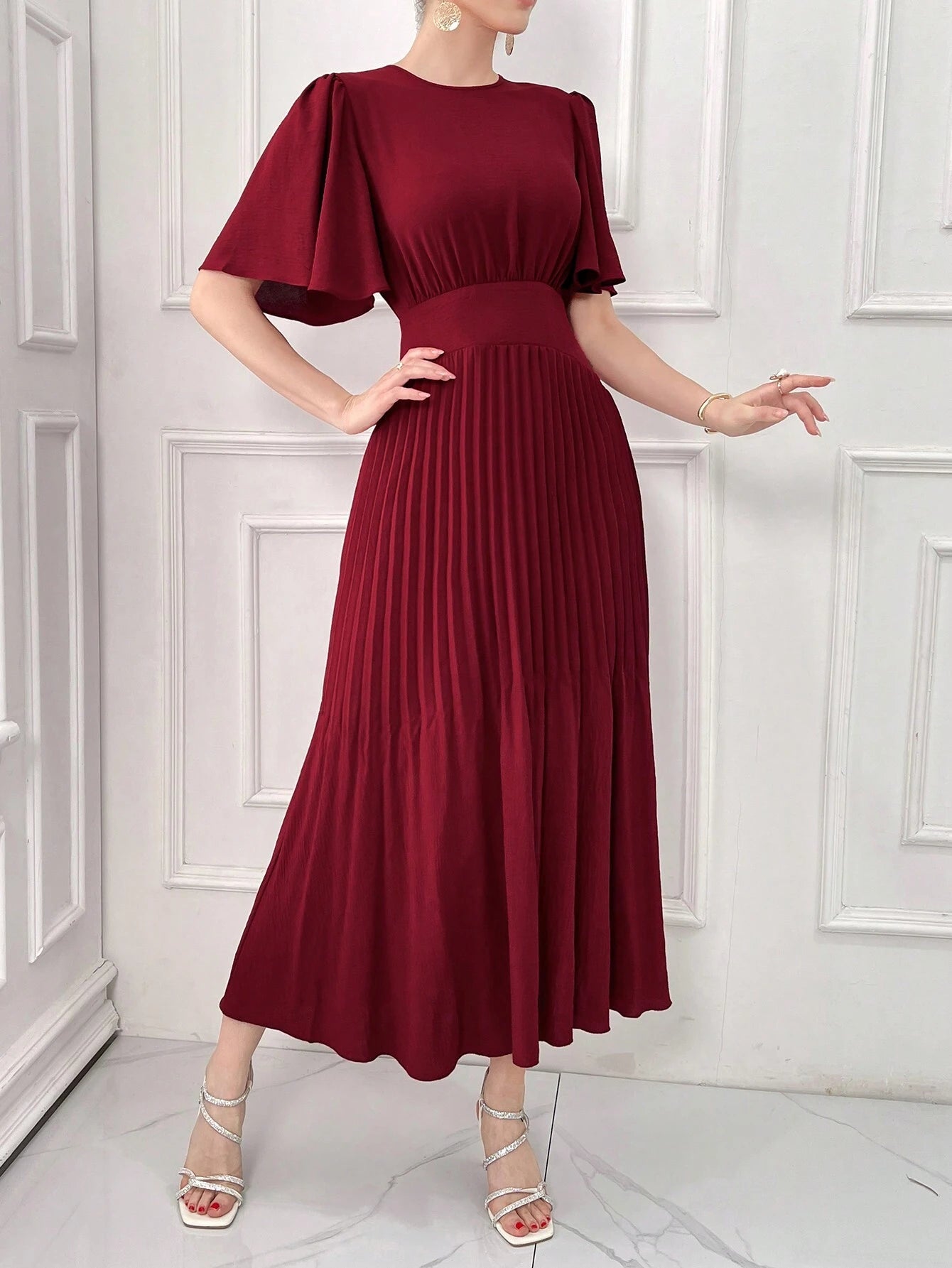 SHEIN Modelyn Burgundy Red Women's Elegant Solid Color Short Sleeve Waisted Pleated Dress For Summer