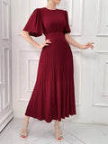 SHEIN Modelyn Burgundy Red Women's Elegant Solid Color Short Sleeve Waisted Pleated Dress For Summer