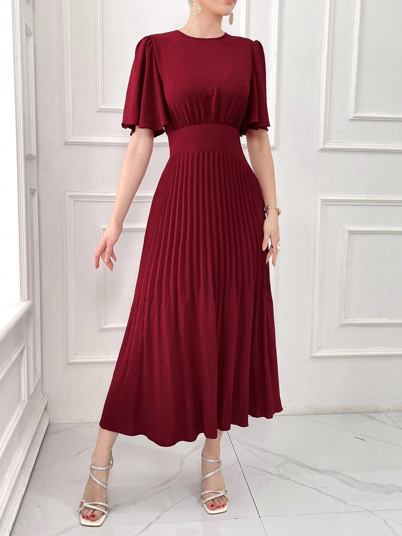 SHEIN Modelyn Burgundy Red Women's Elegant Solid Color Short Sleeve Waisted Pleated Dress For Summer