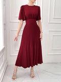 SHEIN Modelyn Burgundy Red Women's Elegant Solid Color Short Sleeve Waisted Pleated Dress For Summer
