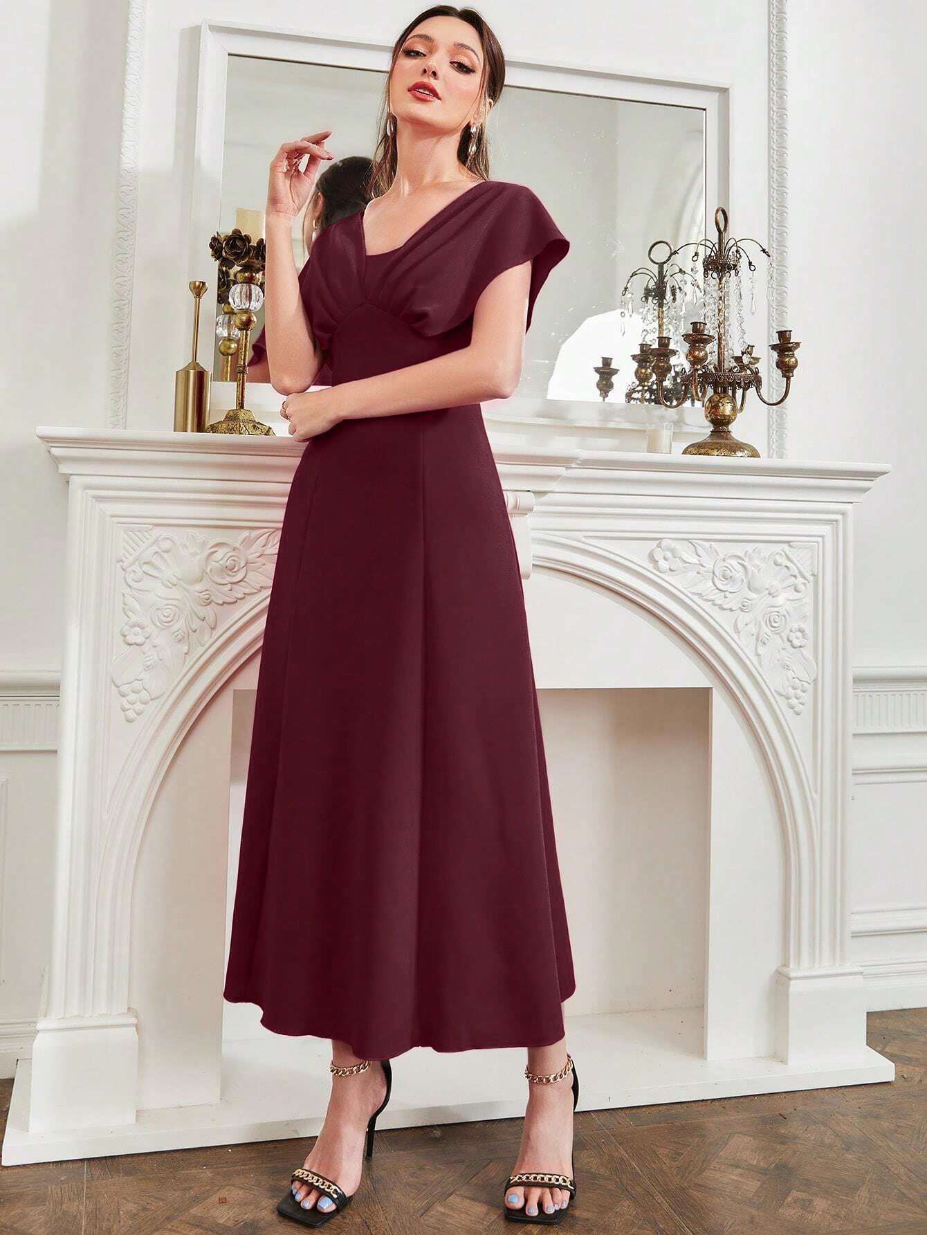  | SHEIN Modely Burgundy Red Ladies' Solid Color Simple Arabian Daily Modest Long Sleeve Dress Long Evening Dresses | Dress | Shein | OneHub