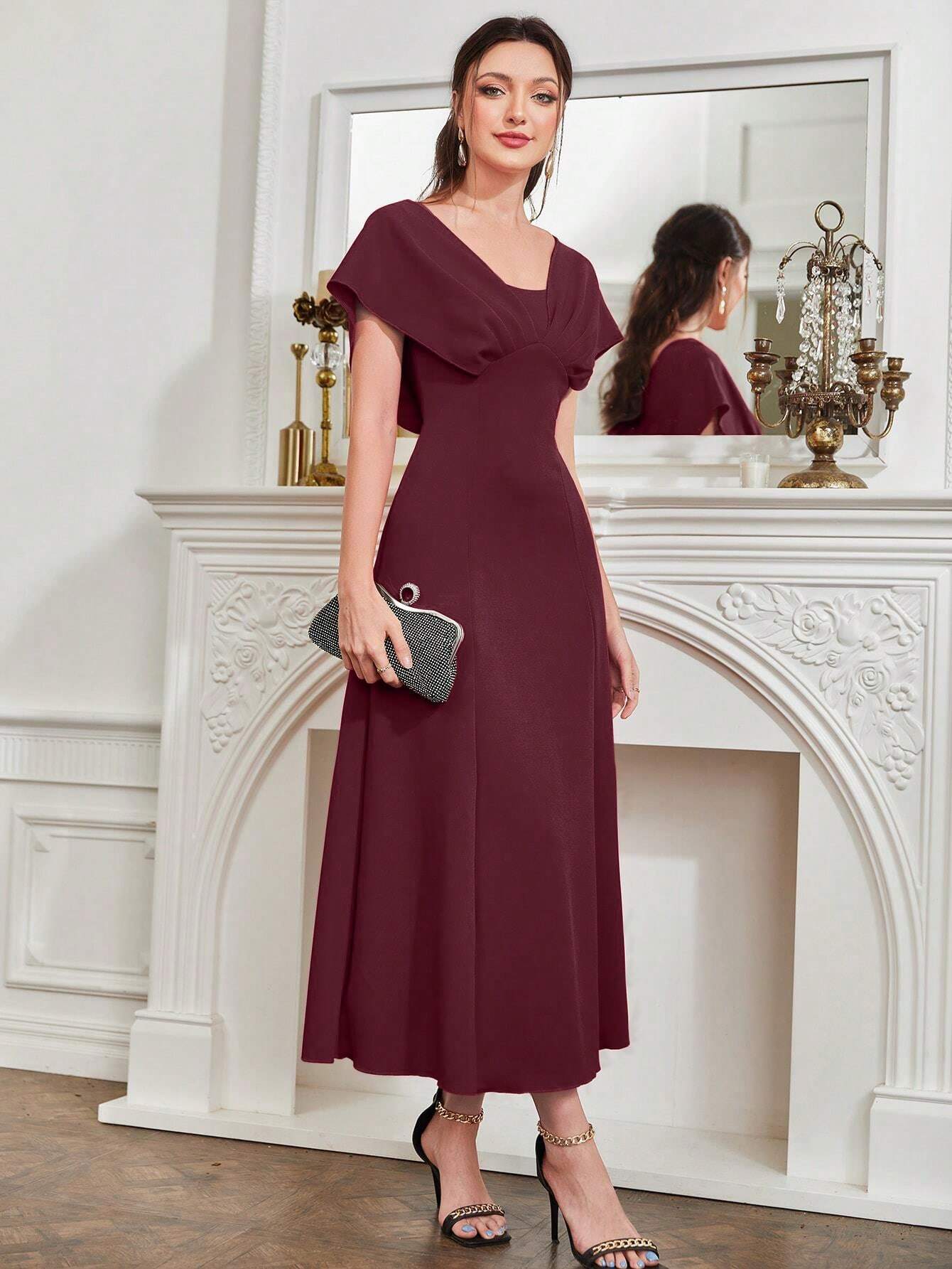  | SHEIN Modely Burgundy Red Ladies' Solid Color Simple Arabian Daily Modest Long Sleeve Dress Long Evening Dresses | Dress | Shein | OneHub
