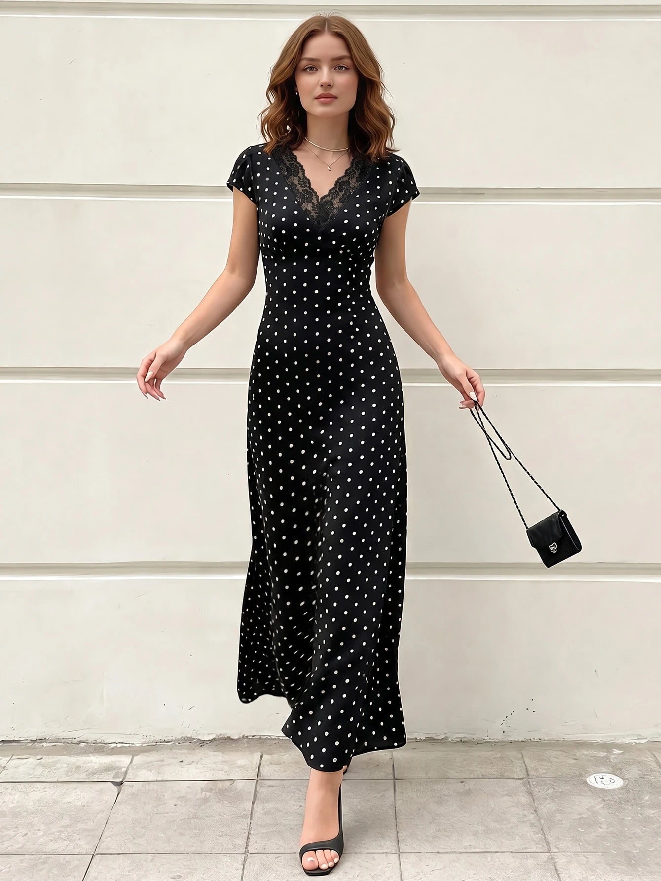SHEIN Modelyn Elegant Floral Lace Patchwork Polka Dot Print V-Neck Fall Long Dress