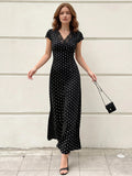 SHEIN Modelyn Elegant Floral Lace Patchwork Polka Dot Print V-Neck Fall Long Dress