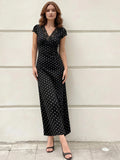 SHEIN Modelyn Elegant Floral Lace Patchwork Polka Dot Print V-Neck Fall Long Dress
