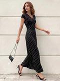 SHEIN Modelyn Elegant Floral Lace Patchwork Polka Dot Print V-Neck Fall Long Dress