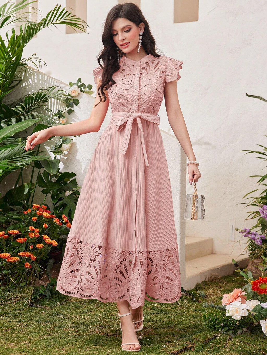 SHEIN Modelyn Ladies' Stand Collar Solid Color Belted Lace Splicing El | Dress | OneHub SHEIN Modelyn Ladies' Stand Collar Solid Color Belted Lace Splicing El | Dress | OneHub