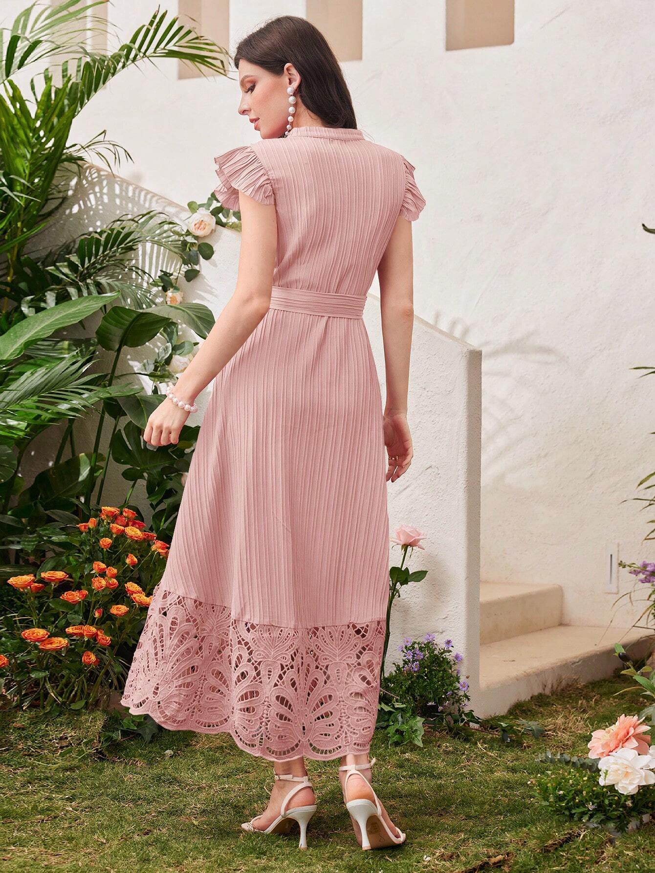 SHEIN Modelyn Ladies' Stand Collar Solid Color Belted Lace Splicing El | Dress SHEIN Modelyn Ladies' Stand Collar Solid Color Belted Lace Splicing El | Dress
