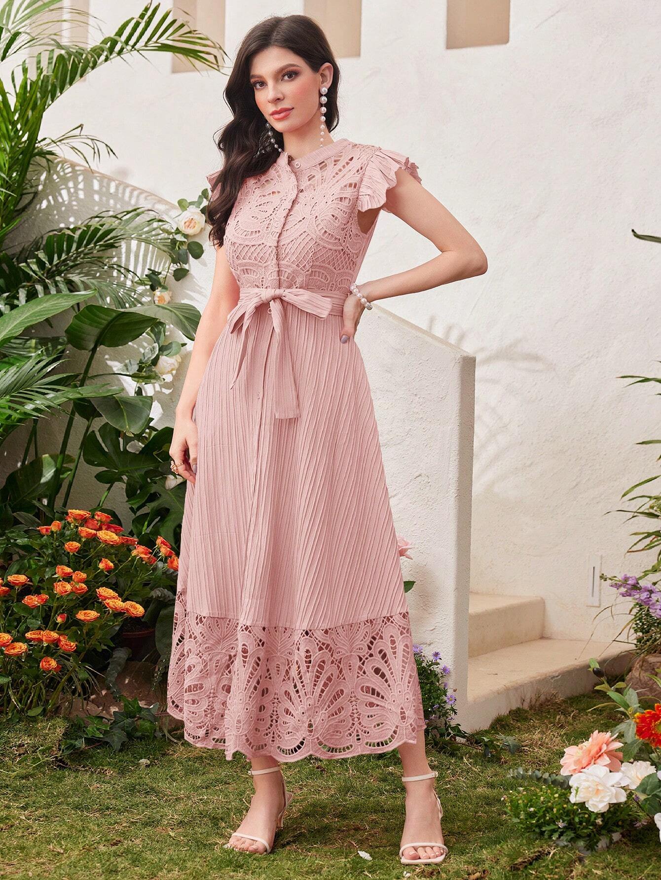 SHEIN Modelyn Ladies' Stand Collar Solid Color Belted Lace Splicing El | Dress | OneHub SHEIN Modelyn Ladies' Stand Collar Solid Color Belted Lace Splicing El | Dress | OneHub