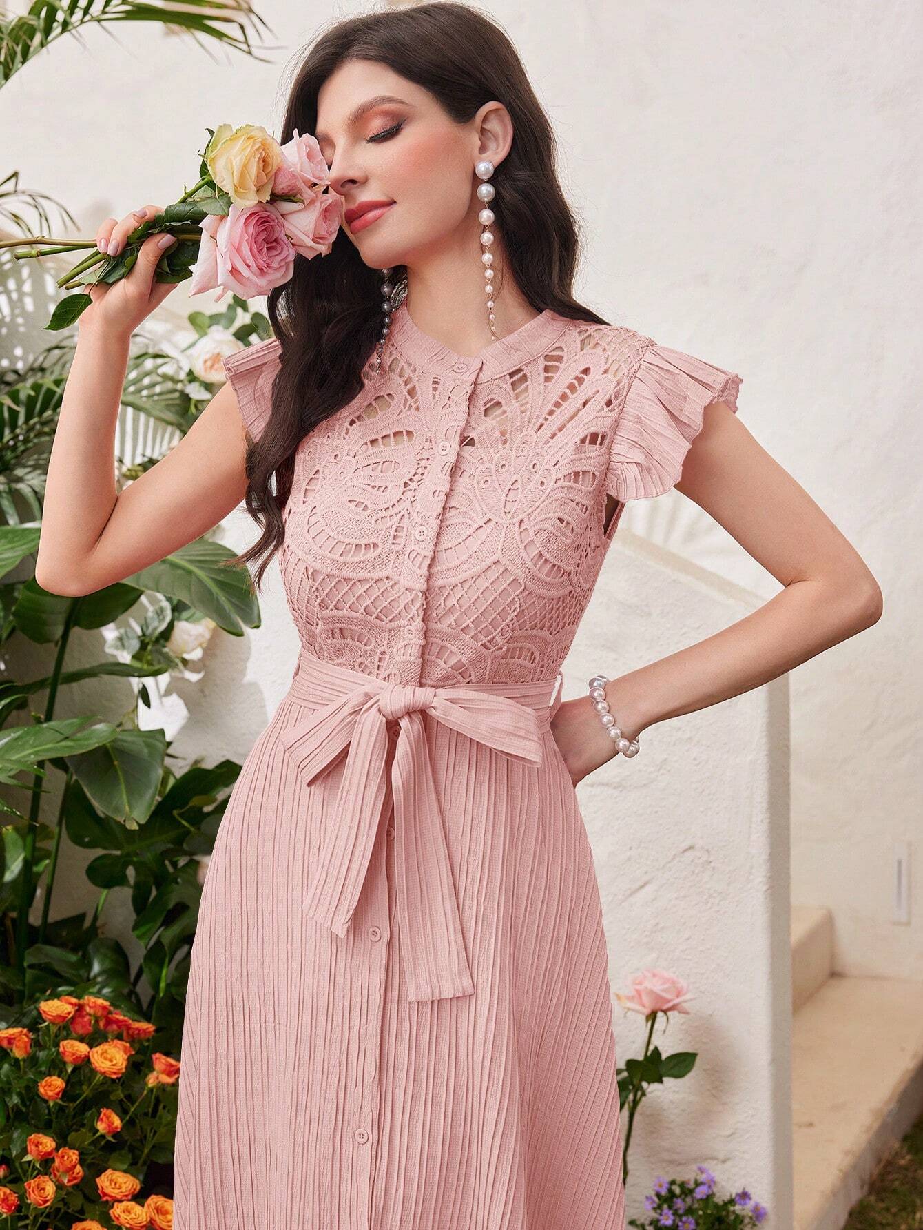  | SHEIN Modelyn Ladies' Stand Collar Solid Color Belted Lace Splicing Elegant Summer Dress Maxi Women Outfit Long Evening Dresses | Dress | Shein | OneHub