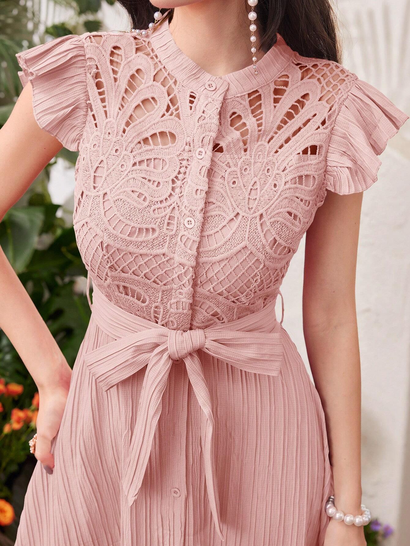  | SHEIN Modelyn Ladies' Stand Collar Solid Color Belted Lace Splicing Elegant Summer Dress Maxi Women Outfit Long Evening Dresses | Dress | Shein | OneHub