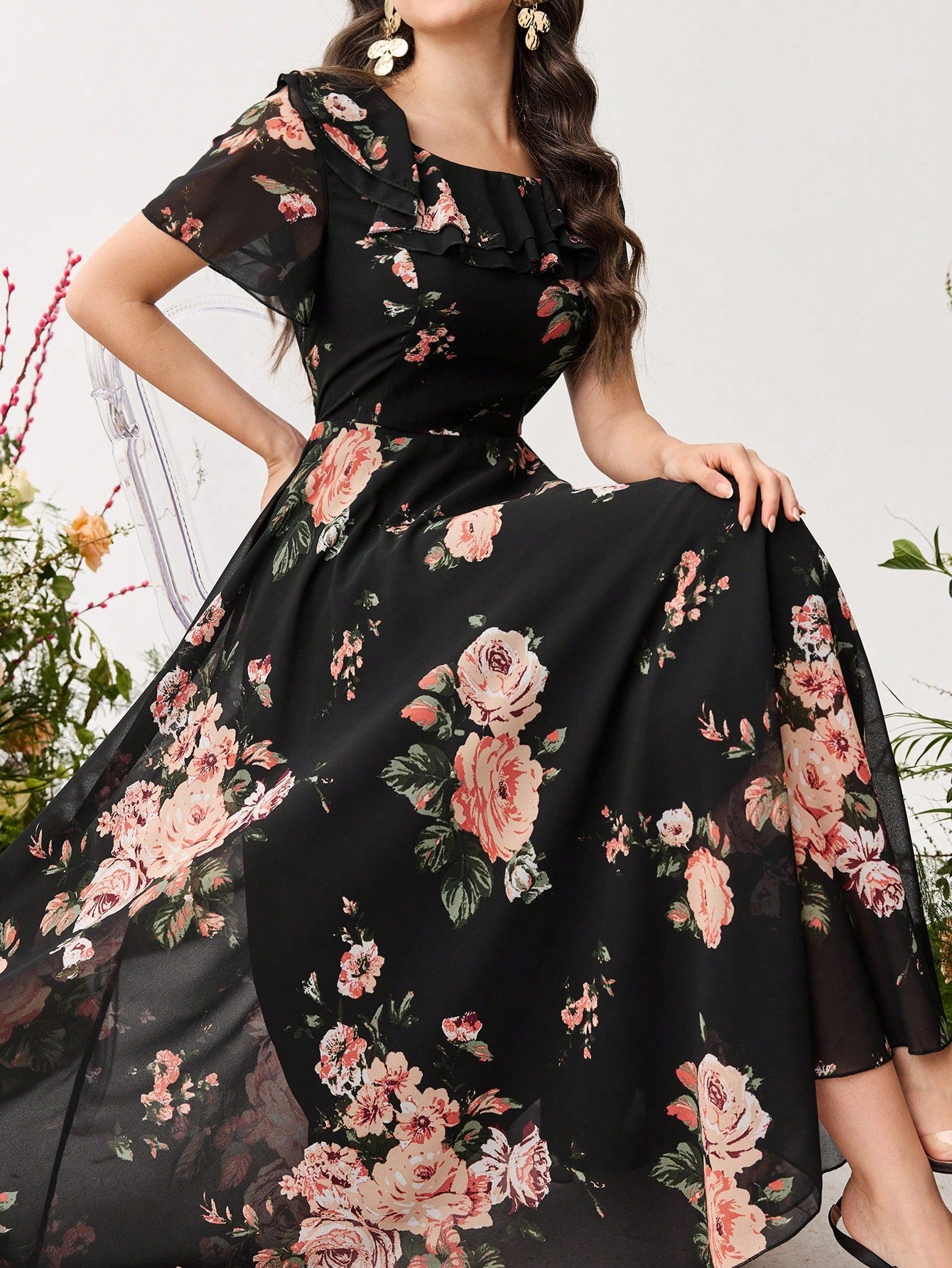 SHEIN Modelyn Ruffle Hem Floral Print Fitted Chiffon Dress | Dress | OneHub SHEIN Modelyn Ruffle Hem Floral Print Fitted Chiffon Dress | Dress | OneHub