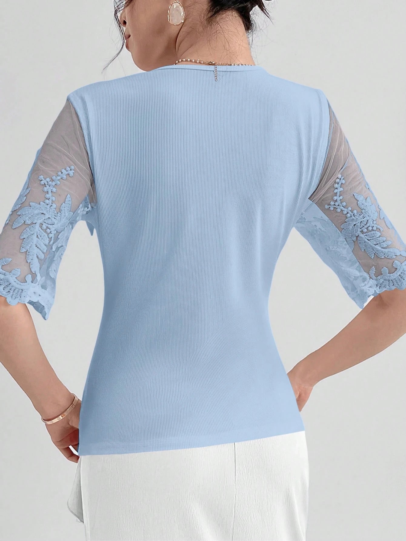 SHEIN Modelyn Women Lace Patchwork Solid Color Embroidery Short Sleeve Elegant T-Shirt, Summer
