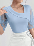 SHEIN Modelyn Women Lace Patchwork Solid Color Embroidery Short Sleeve Elegant T-Shirt, Summer
