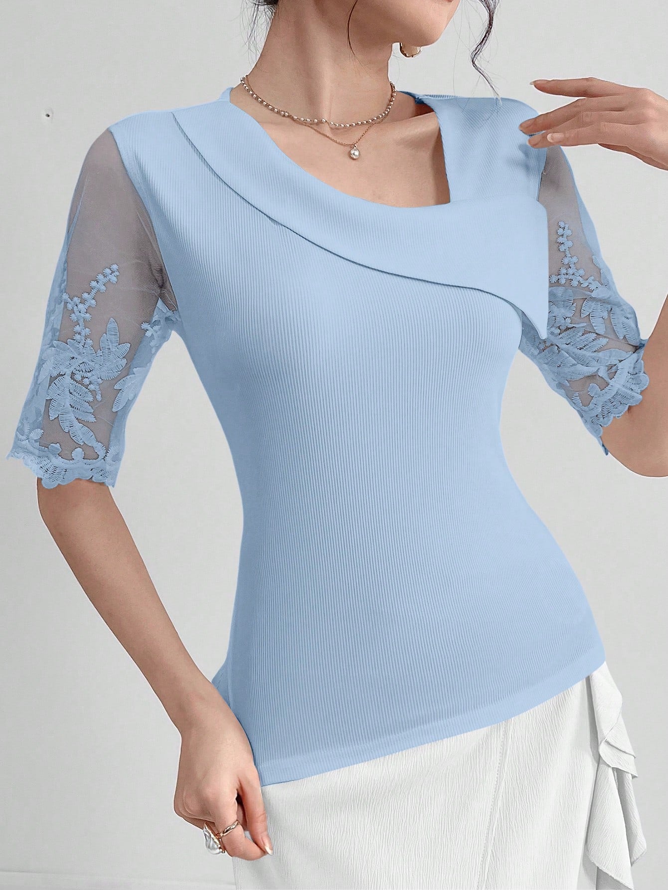 SHEIN Modelyn Women Lace Patchwork Solid Color Embroidery Short Sleeve Elegant T-Shirt, Summer
