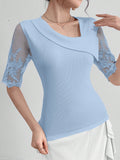SHEIN Modelyn Women Lace Patchwork Solid Color Embroidery Short Sleeve Elegant T-Shirt, Summer