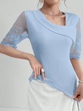 SHEIN Modelyn Women Lace Patchwork Solid Color Embroidery Short Sleeve Elegant T-Shirt, Summer