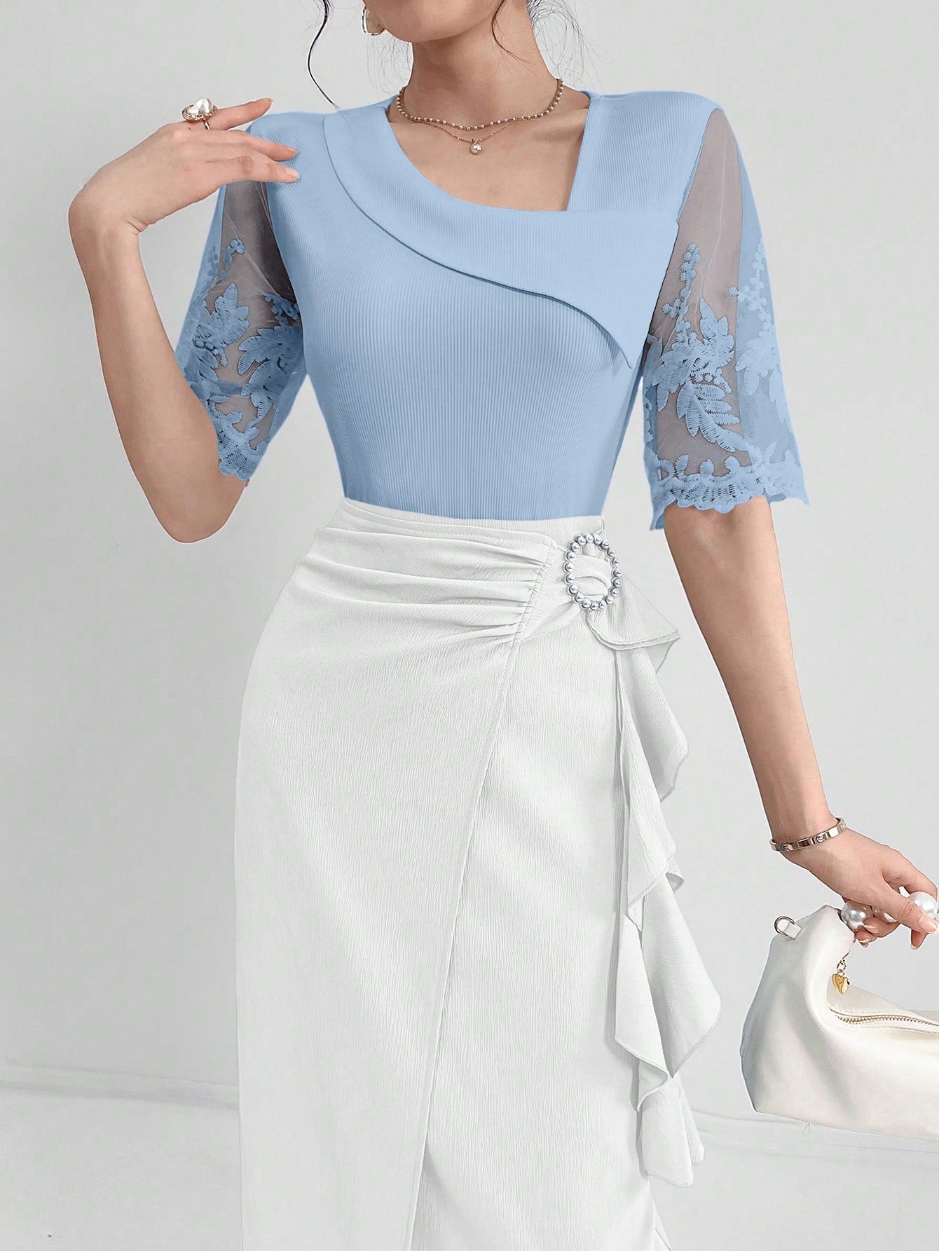 SHEIN Modelyn Women Lace Patchwork Solid Color Embroidery Short Sleeve Elegant T-Shirt, Summer