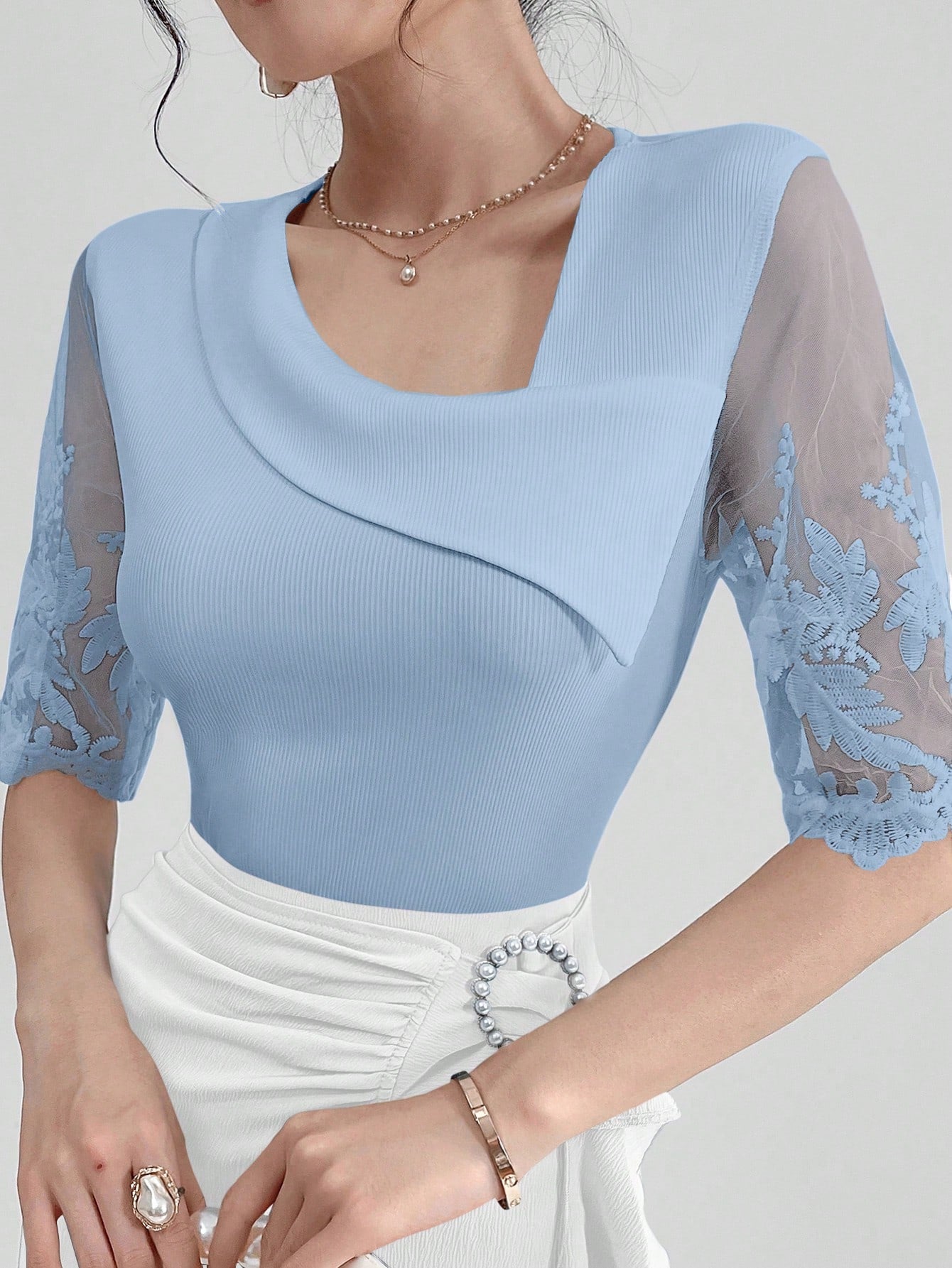 SHEIN Modelyn Women Lace Patchwork Solid Color Embroidery Short Sleeve Elegant T-Shirt, Summer