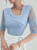 SHEIN Modelyn Women Lace Patchwork Solid Color Embroidery Short Sleeve Elegant T-Shirt, Summer