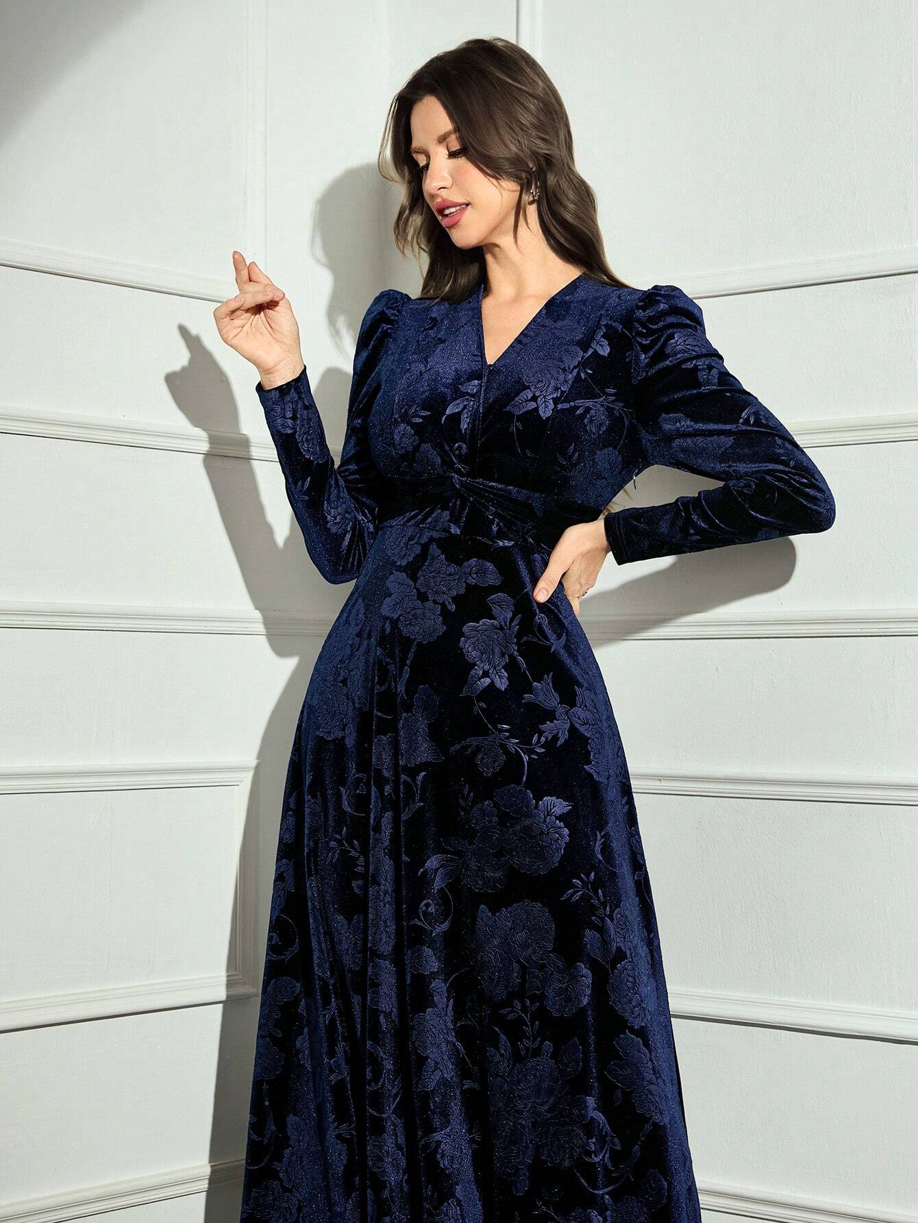 SHEIN Modelyn Women V-Neck Crossed Wrap Elegant Long Sleeve Arabian Modest Dress Long Evening Dresses