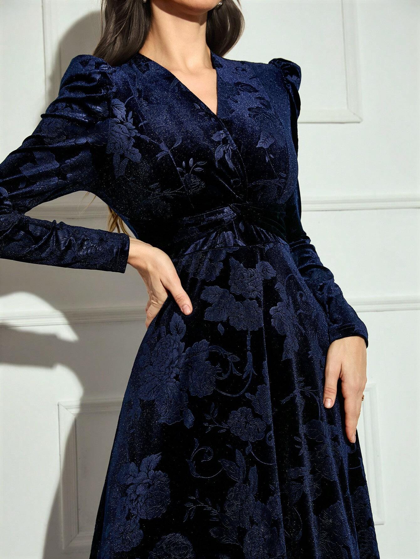 SHEIN Modelyn Women V-Neck Crossed Wrap Elegant Long Sleeve Arabian Modest Dress Long Evening Dresses