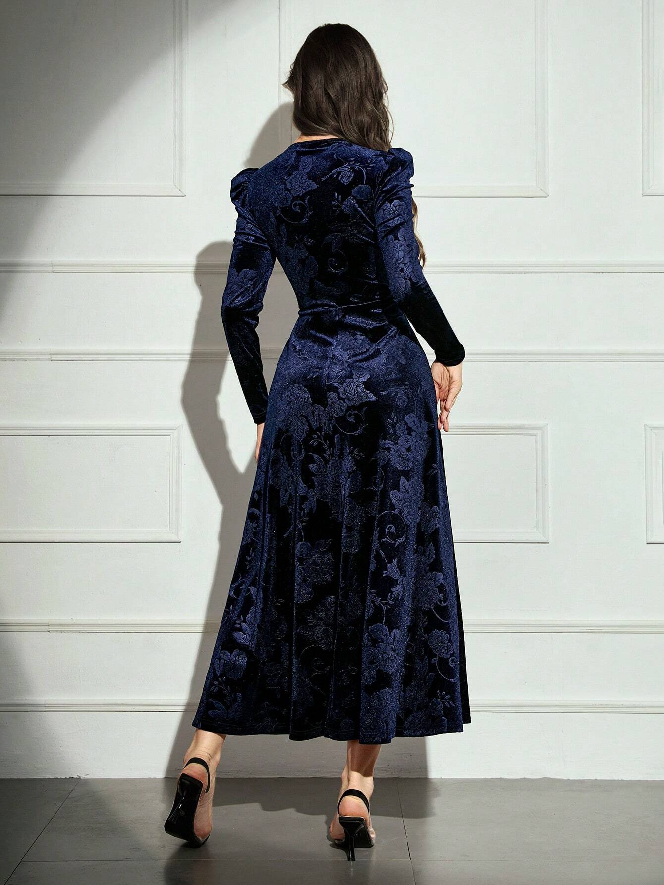 SHEIN Modelyn Women V-Neck Crossed Wrap Elegant Long Sleeve Arabian Modest Dress Long Evening Dresses