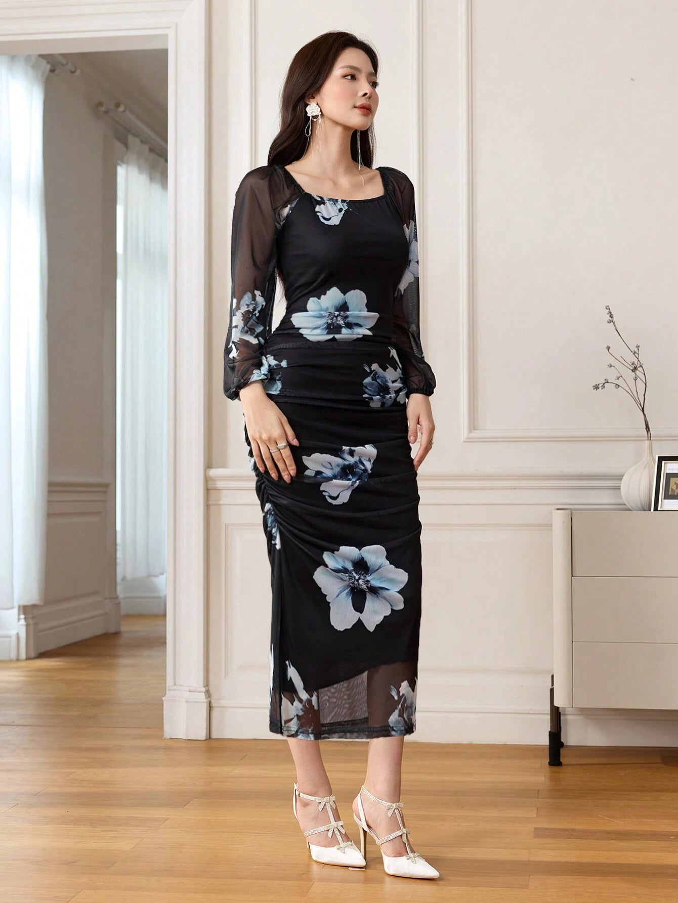 SHEIN Modelyn Women's Floral Print Elegant Square Neck Tie Waist Midi | Dress SHEIN Modelyn Women's Floral Print Elegant Square Neck Tie Waist Midi | Dress